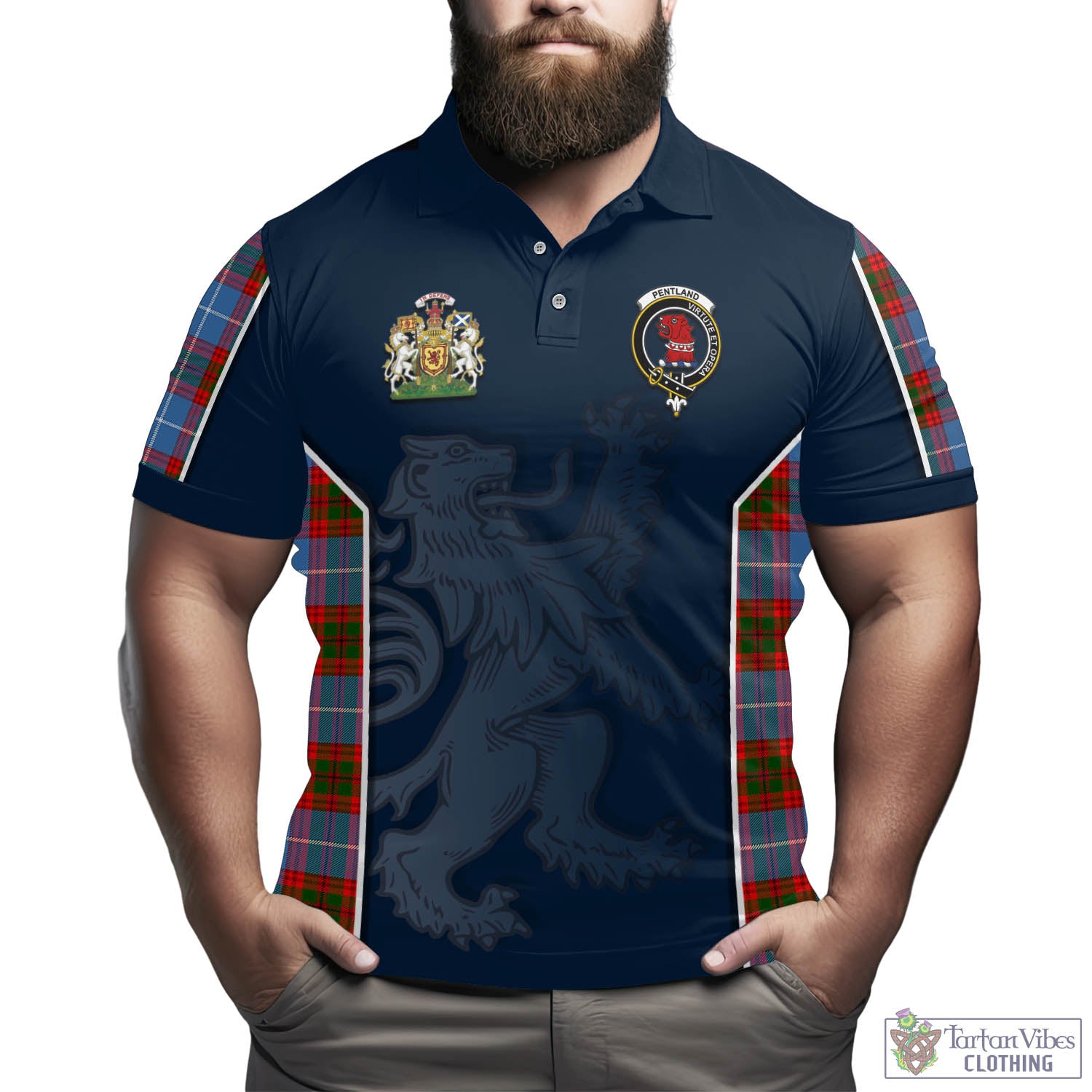 Tartan Vibes Clothing Pentland Tartan Men's Polo Shirt with Family Crest and Lion Rampant Vibes Sport Style