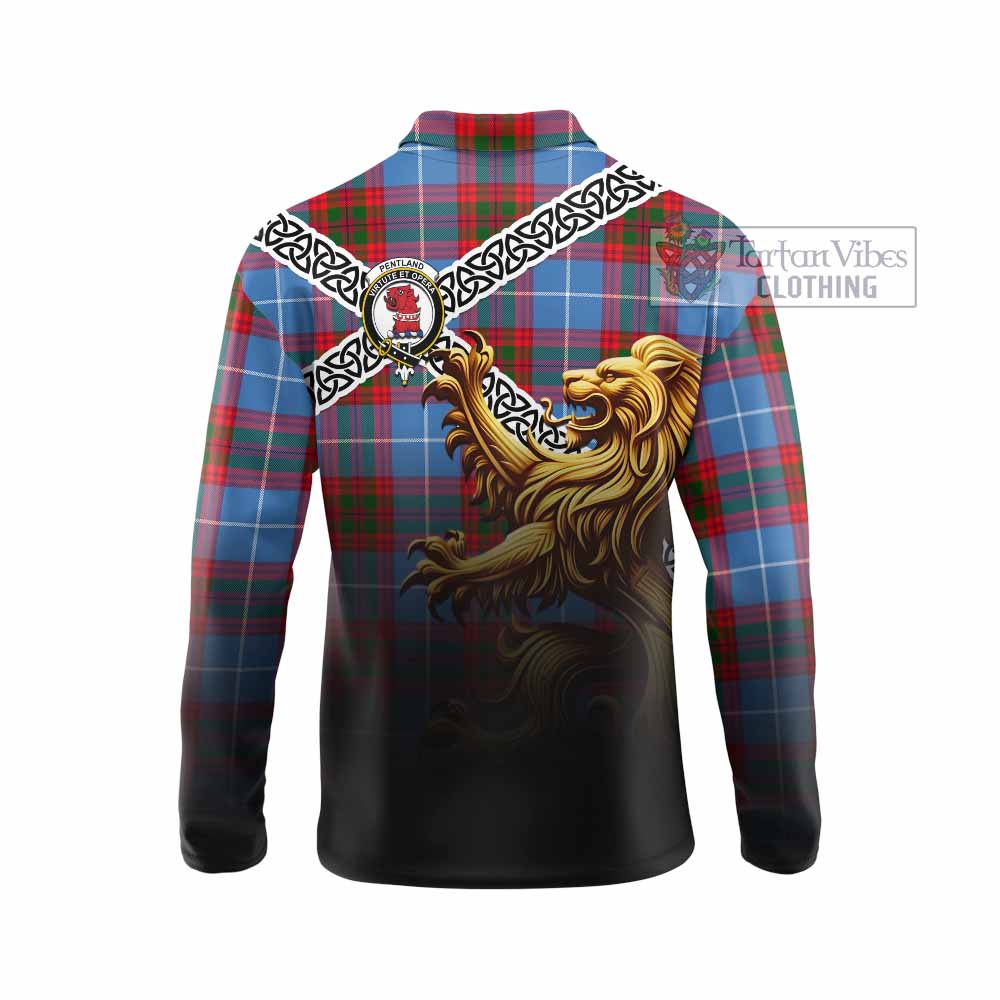 Pentland Crest Tartan Long Sleeve Polo Shirt with Golden Lion Emblem Celtic Style - Tartan Vibes Clothing