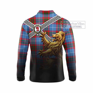 Pentland Crest Tartan Long Sleeve Polo Shirt with Golden Lion Emblem Celtic Style - Tartan Vibes Clothing