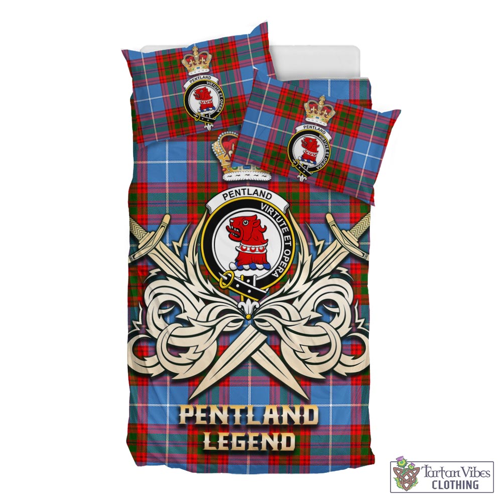 Tartan Vibes Clothing Pentland Tartan Bedding Set with Clan Crest and the Golden Sword of Courageous Legacy