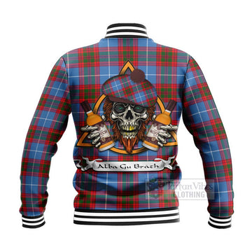 Pentland Tartan Baseball Jacket with Family Crest and Bearded Skull Holding Bottles of Whiskey - Tartan Vibes Clothing