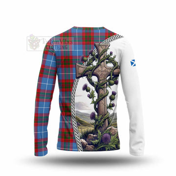 Pentland Tartan Long Sleeve T-Shirt with Family Crest and St. Andrew's Cross Accented by Thistle Vines - Tartan Vibes Clothing