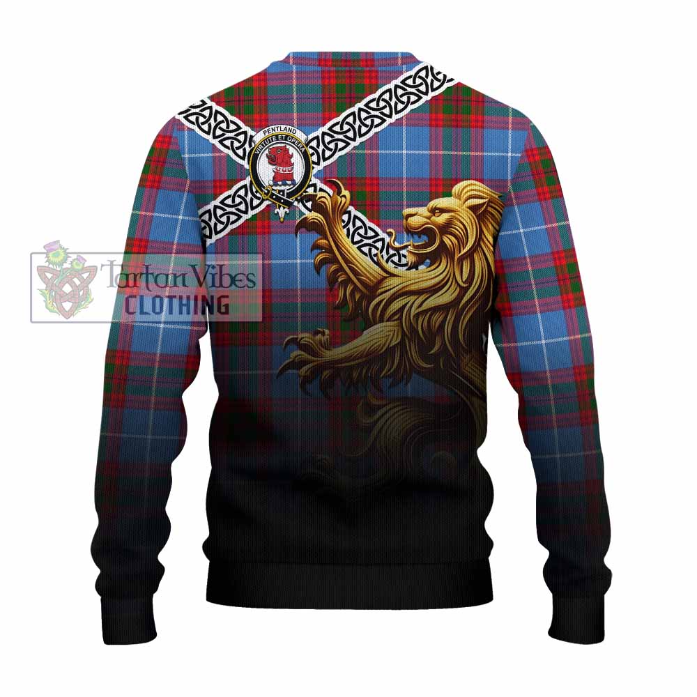 Pentland Crest Tartan Knitted Sweater with Golden Lion Emblem Celtic Style - Tartan Vibes Clothing