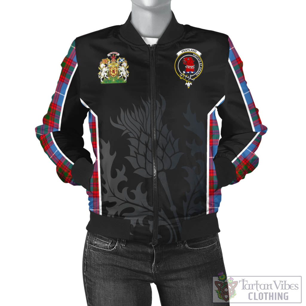 Pentland Tartan Bomber Jacket with Family Crest and Scottish Thistle Vibes Sport Style - Tartan Vibes Clothing