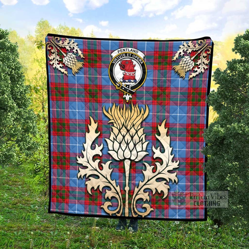 Tartan Vibes Clothing Pentland Tartan Quilt with Family Crest and Golden Thistle Style