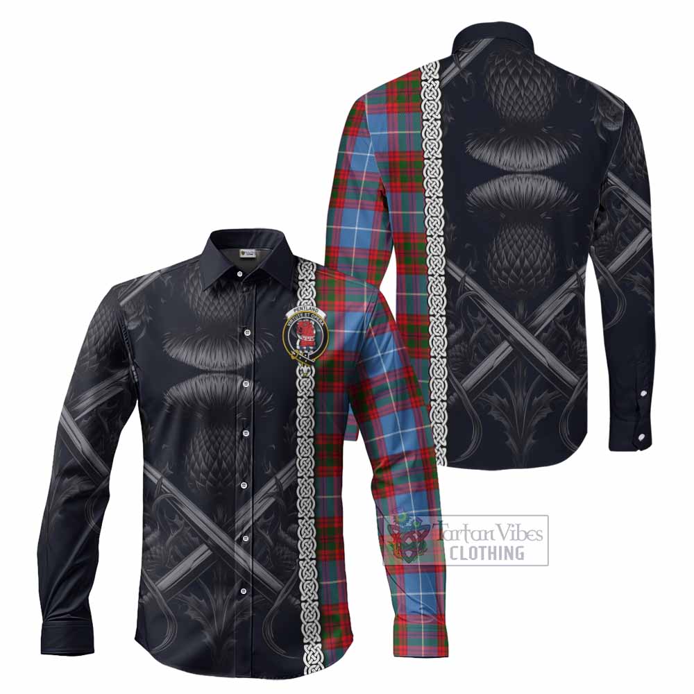 Tartan Vibes Clothing Pentland Tartan Long Sleeve Button Shirt with Family Crest Cross Sword Thistle Celtic Vibes