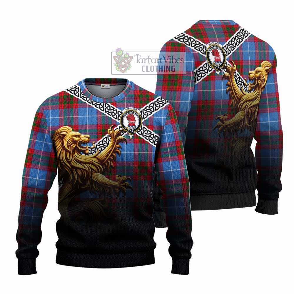 Pentland Crest Tartan Knitted Sweater with Golden Lion Emblem Celtic Style - Tartan Vibes Clothing