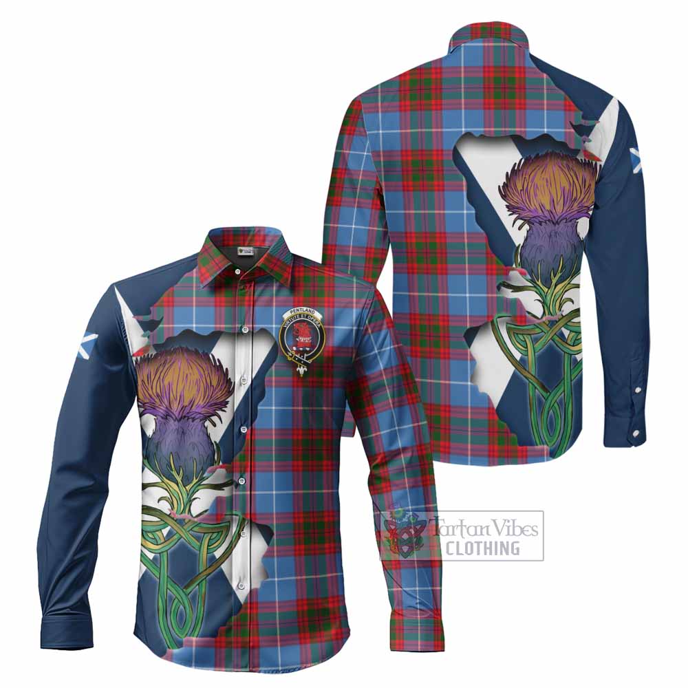 Pentland Tartan Family Crest Long Sleeve Button Shirt Scottish Thistle Celtic Inspired - Tartan Vibes Clothing