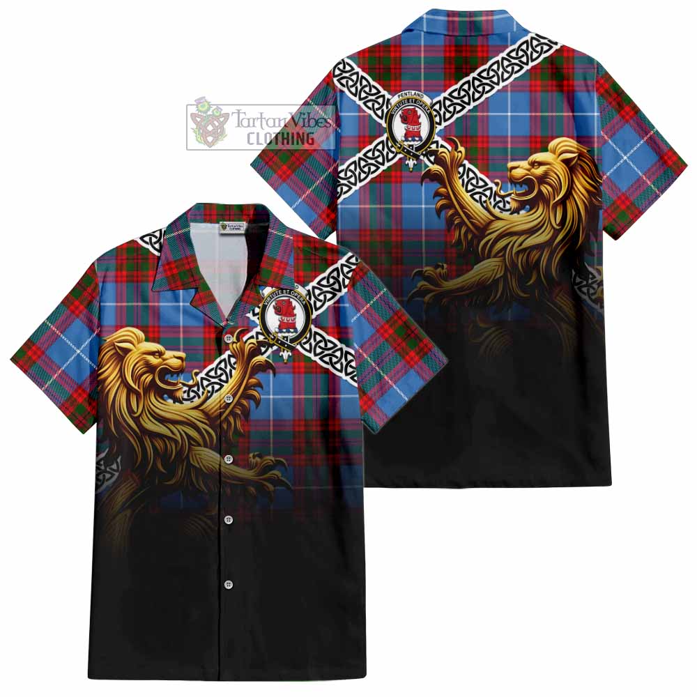 Pentland Crest Tartan Hawaiian Shirt with Golden Lion Emblem Celtic Style - Tartan Vibes Clothing