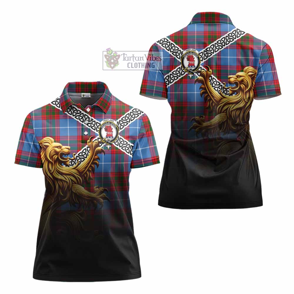 Pentland Crest Tartan Women's Polo Shirt with Golden Lion Emblem Celtic Style - Tartan Vibes Clothing