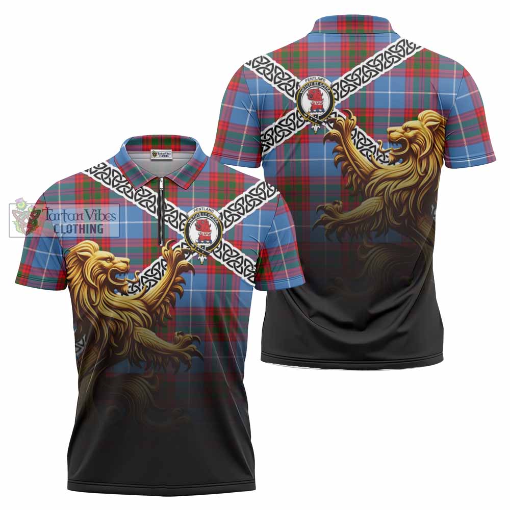 Pentland Crest Tartan Zipper Polo Shirt with Golden Lion Emblem Celtic Style - Tartan Vibes Clothing