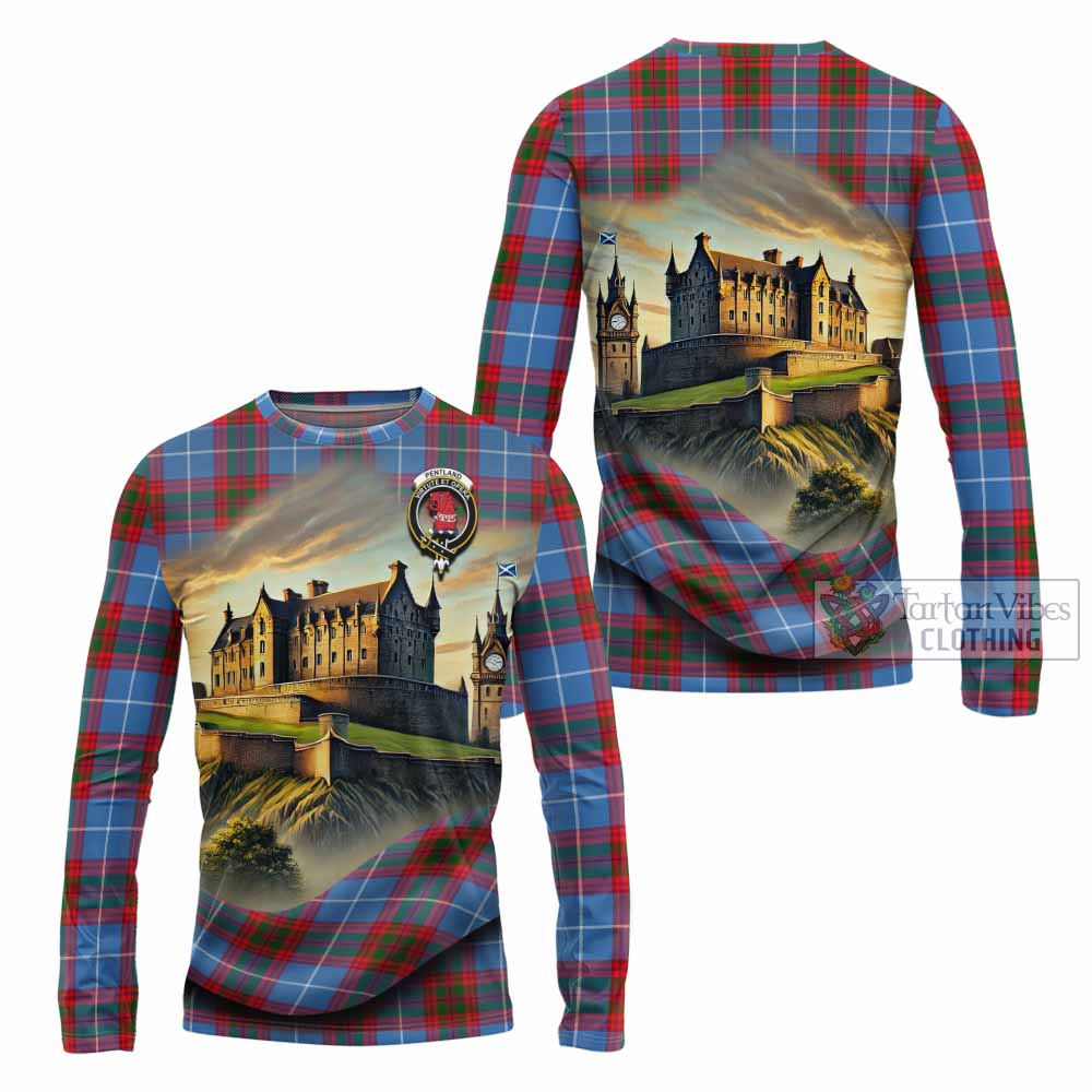 Pentland Tartan Family Crest Long Sleeve T-Shirt with Scottish Ancient Castle Style - Tartan Vibes Clothing