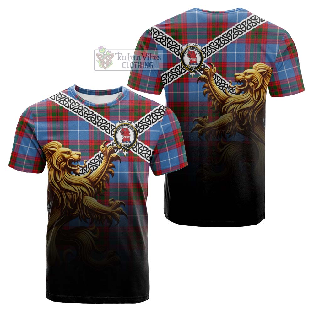 Tartan Vibes Clothing Pentland Crest Tartan Cotton T-shirt with Golden Lion Emblem Celtic Style