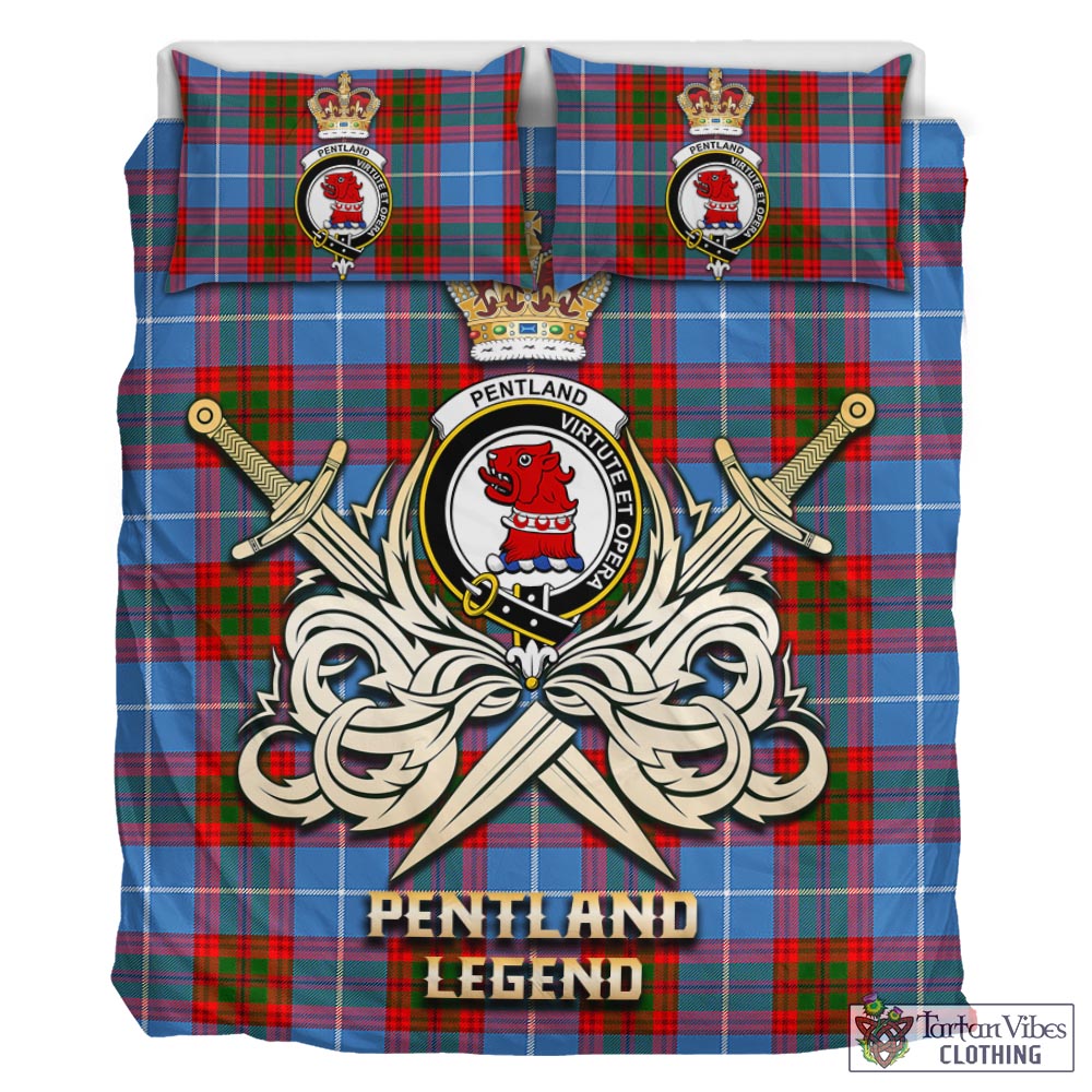 Tartan Vibes Clothing Pentland Tartan Bedding Set with Clan Crest and the Golden Sword of Courageous Legacy