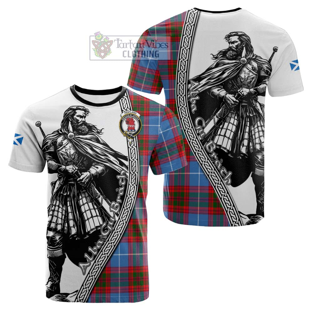 Pentland Tartan Clan Crest Cotton T-shirt with Highlander Warrior Celtic Style