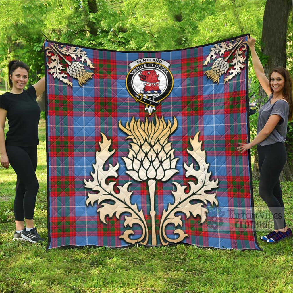Tartan Vibes Clothing Pentland Tartan Quilt with Family Crest and Golden Thistle Style