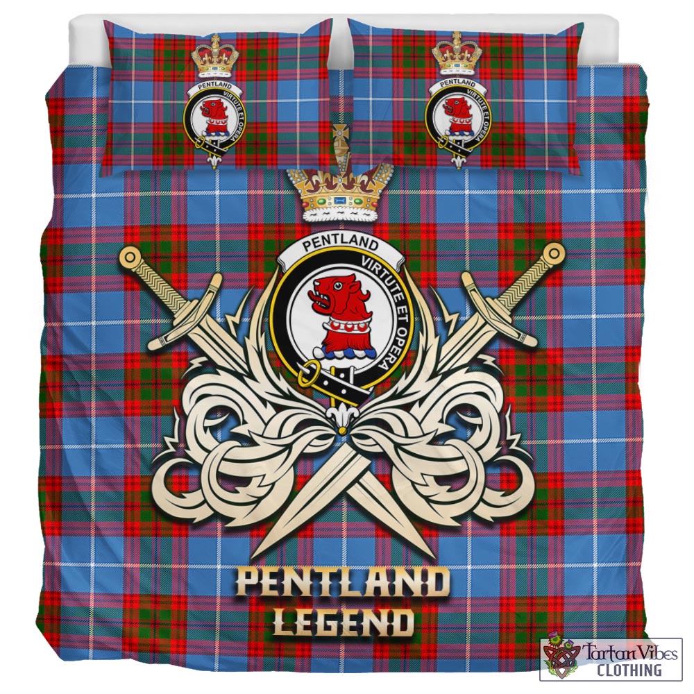 Tartan Vibes Clothing Pentland Tartan Bedding Set with Clan Crest and the Golden Sword of Courageous Legacy