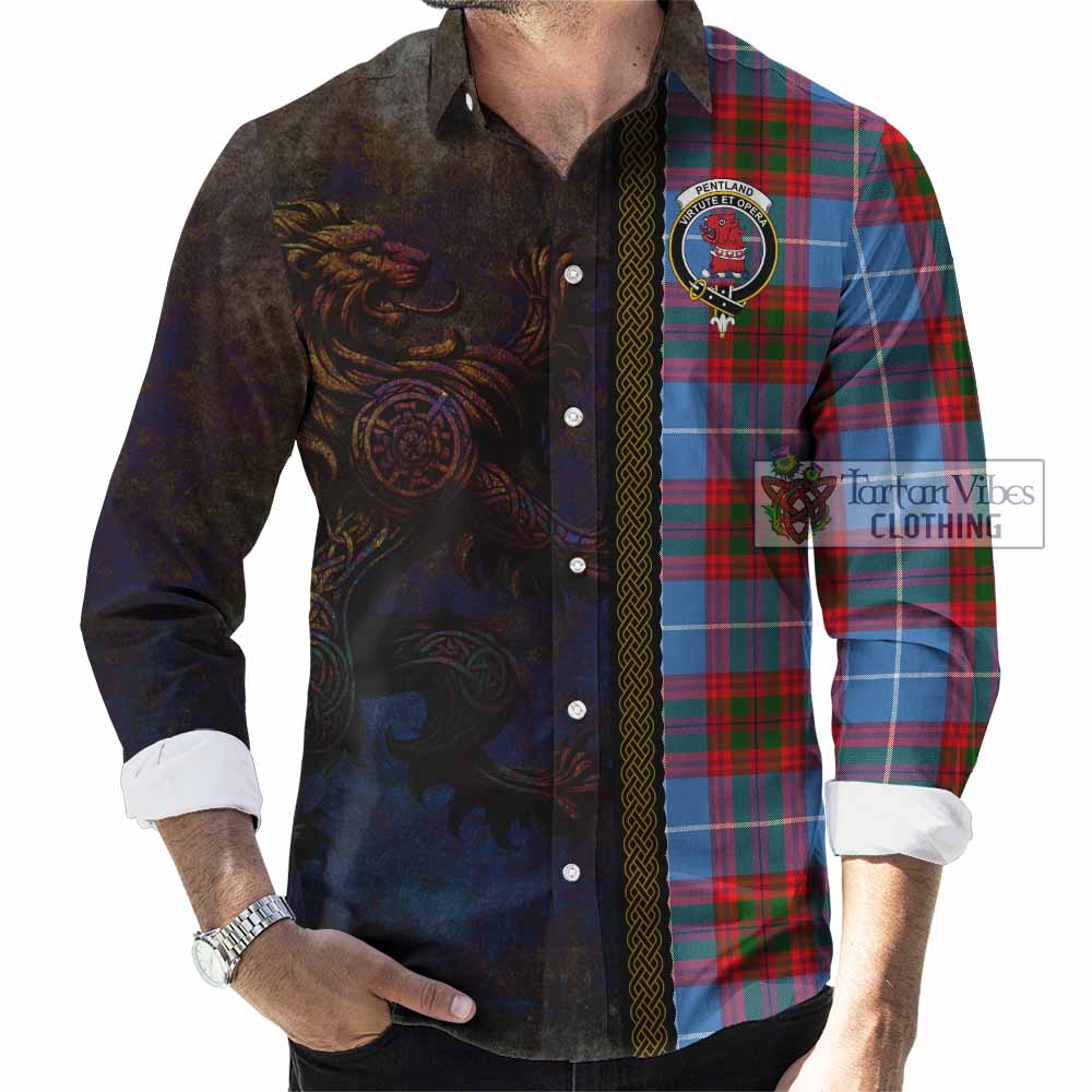 Pentland Tartan Family Crest Long Sleeve Button Shirt Alba Gu Brath Be Brave Lion Ancient Style - Tartan Vibes Clothing