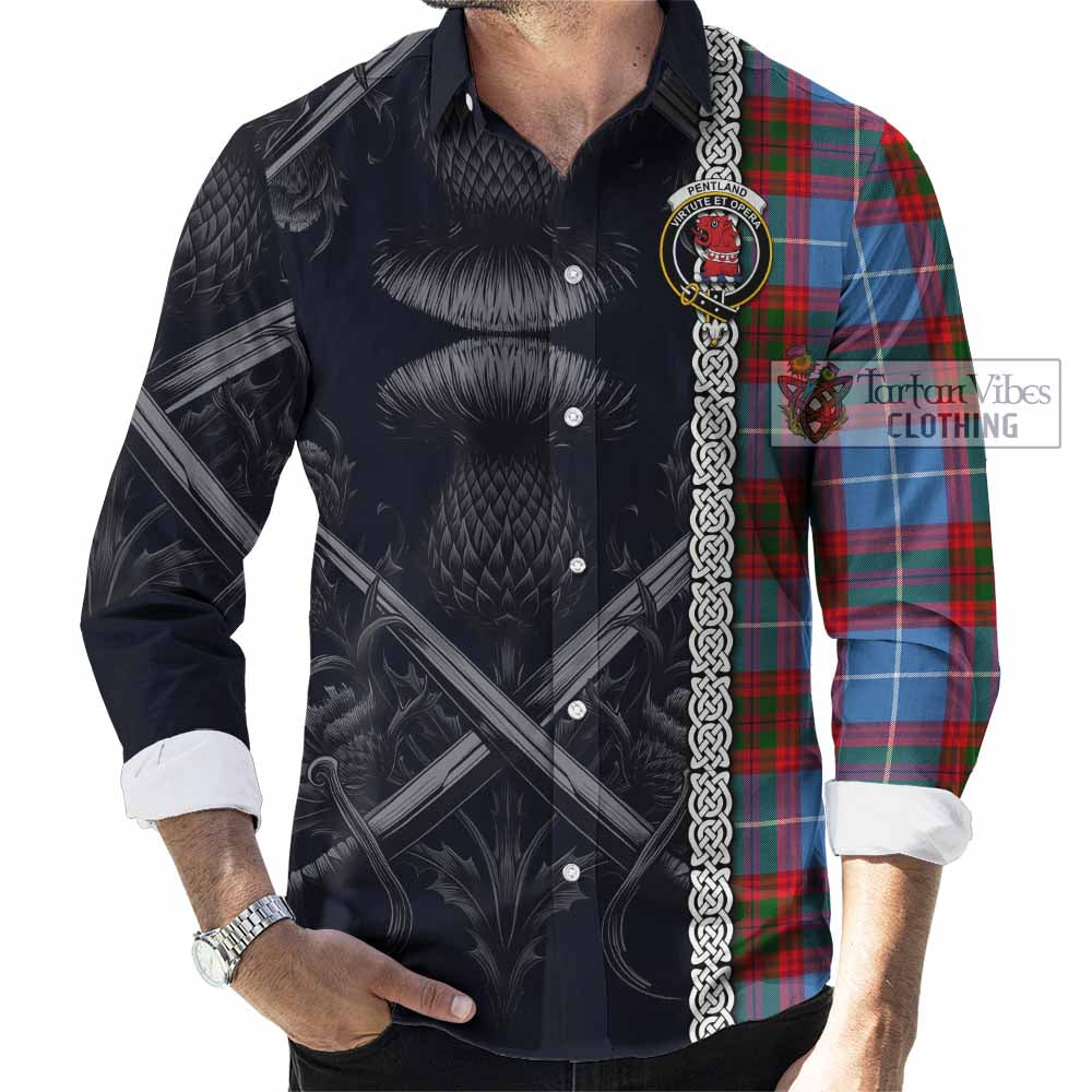 Tartan Vibes Clothing Pentland Tartan Long Sleeve Button Shirt with Family Crest Cross Sword Thistle Celtic Vibes