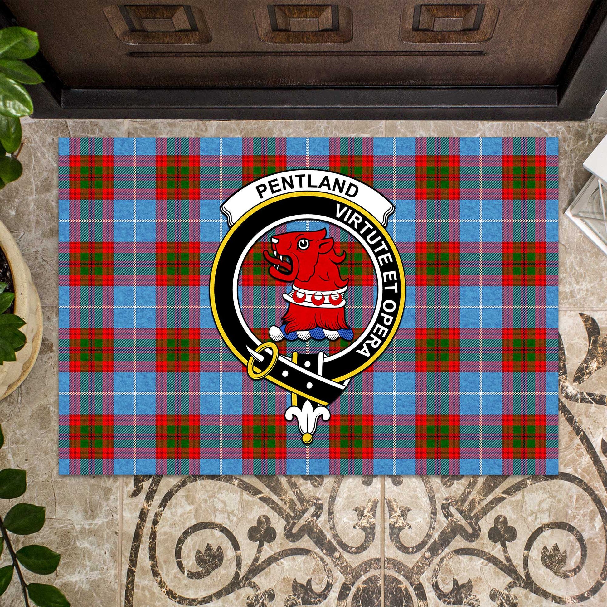 Pentland Tartan Door Mat with Family Crest - Tartanvibesclothing