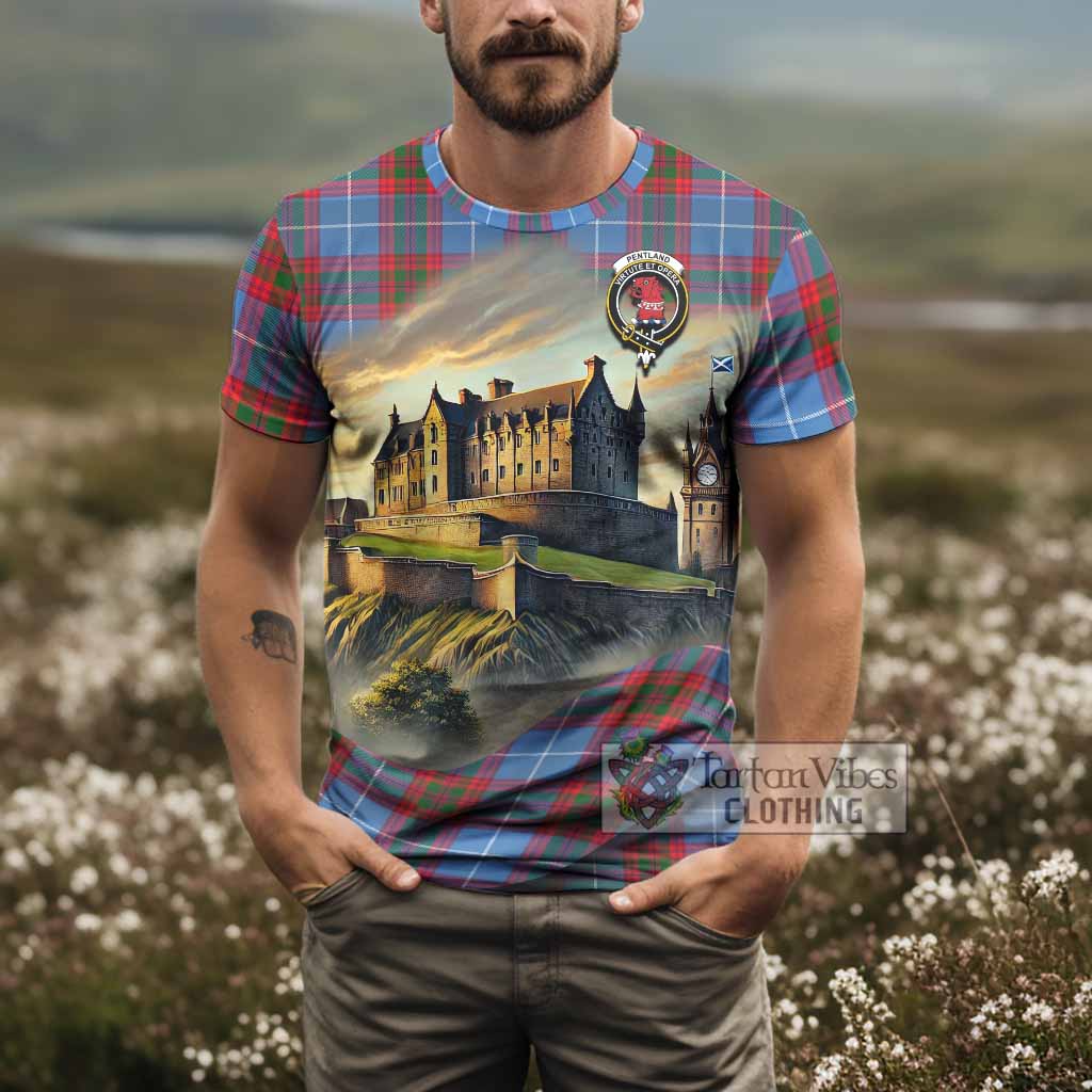 Pentland Tartan Family Crest T-Shirt with Scottish Ancient Castle Style - Tartan Vibes Clothing