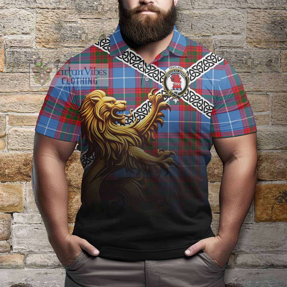 Pentland Crest Tartan Polo Shirt with Golden Lion Emblem Celtic Style - Tartan Vibes Clothing