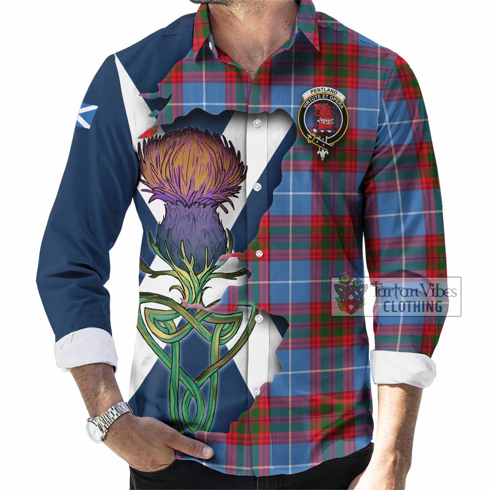 Pentland Tartan Family Crest Long Sleeve Button Shirt Scottish Thistle Celtic Inspired - Tartan Vibes Clothing