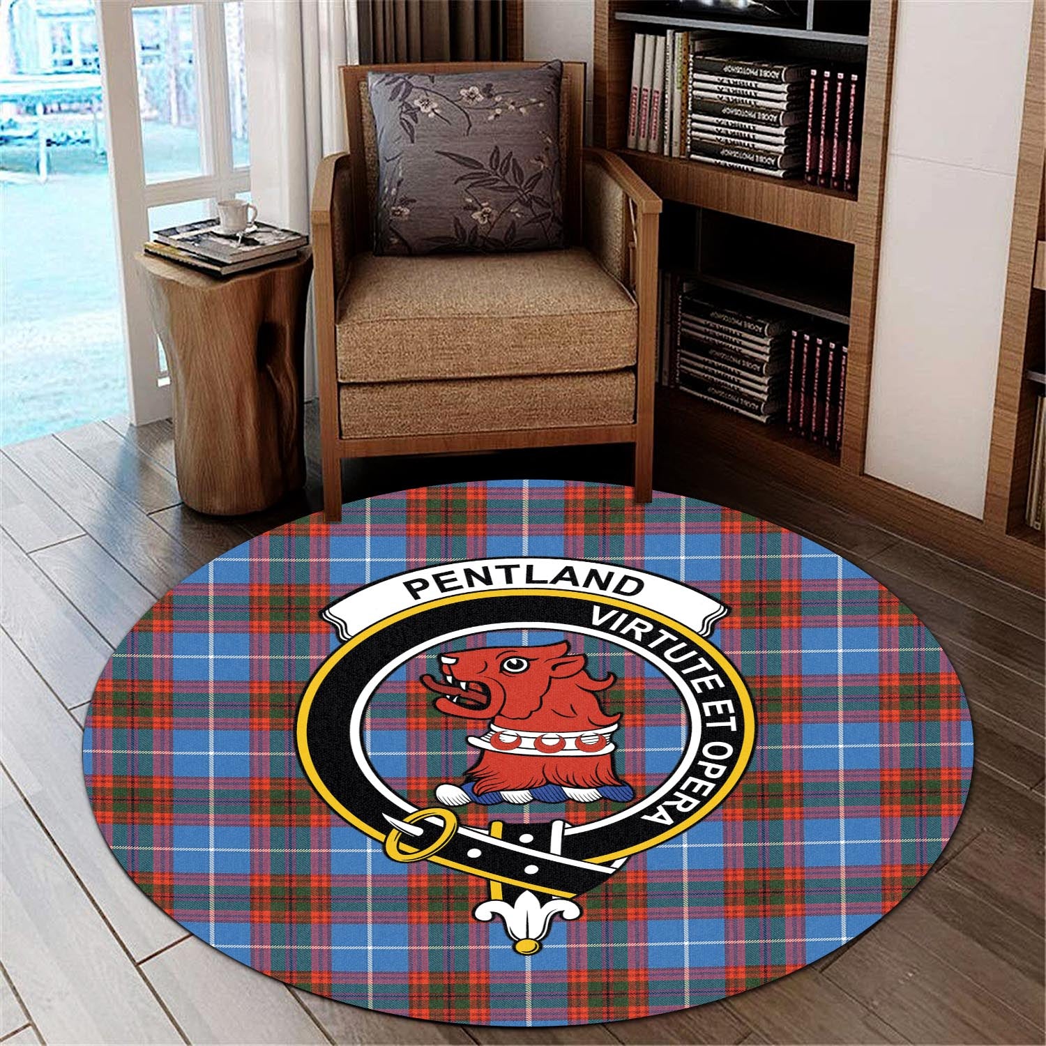 Pentland Tartan Round Rug with Family Crest - Tartan Vibes Clothing