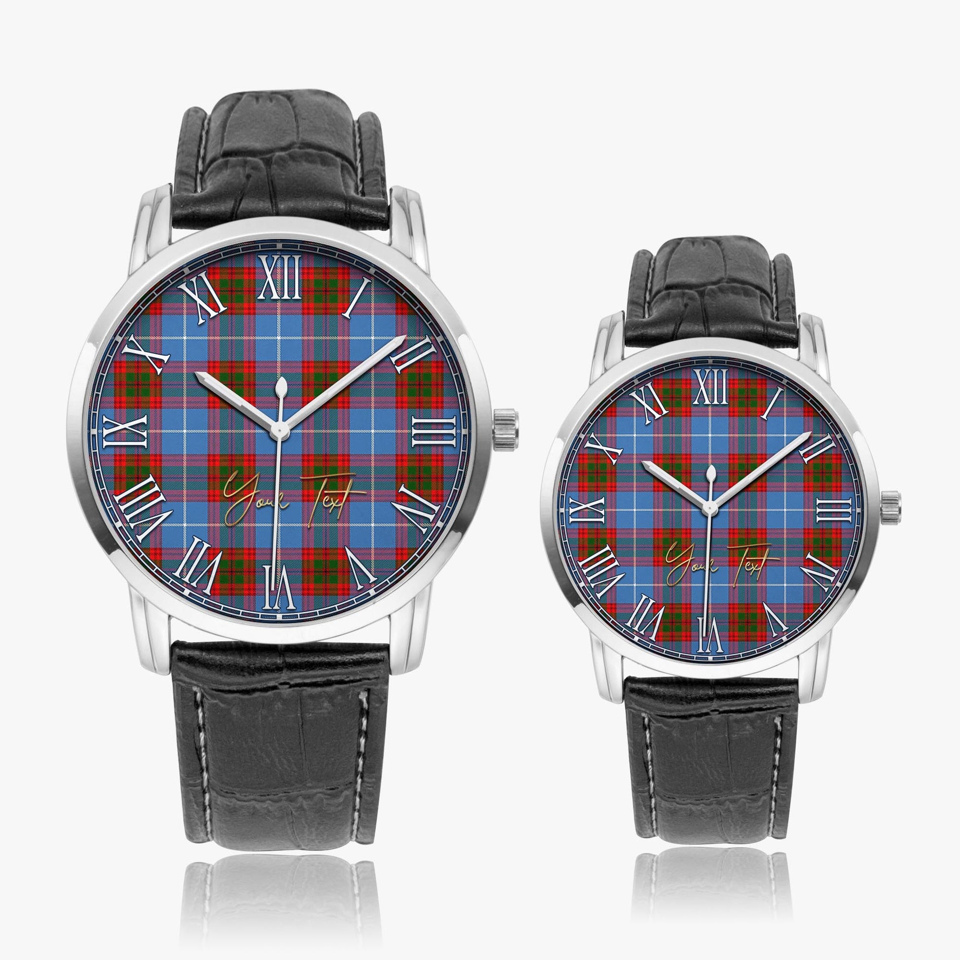 Pentland Tartan Personalized Your Text Leather Trap Quartz Watch Wide Type Silver Case With Black Leather Strap - Tartanvibesclothing