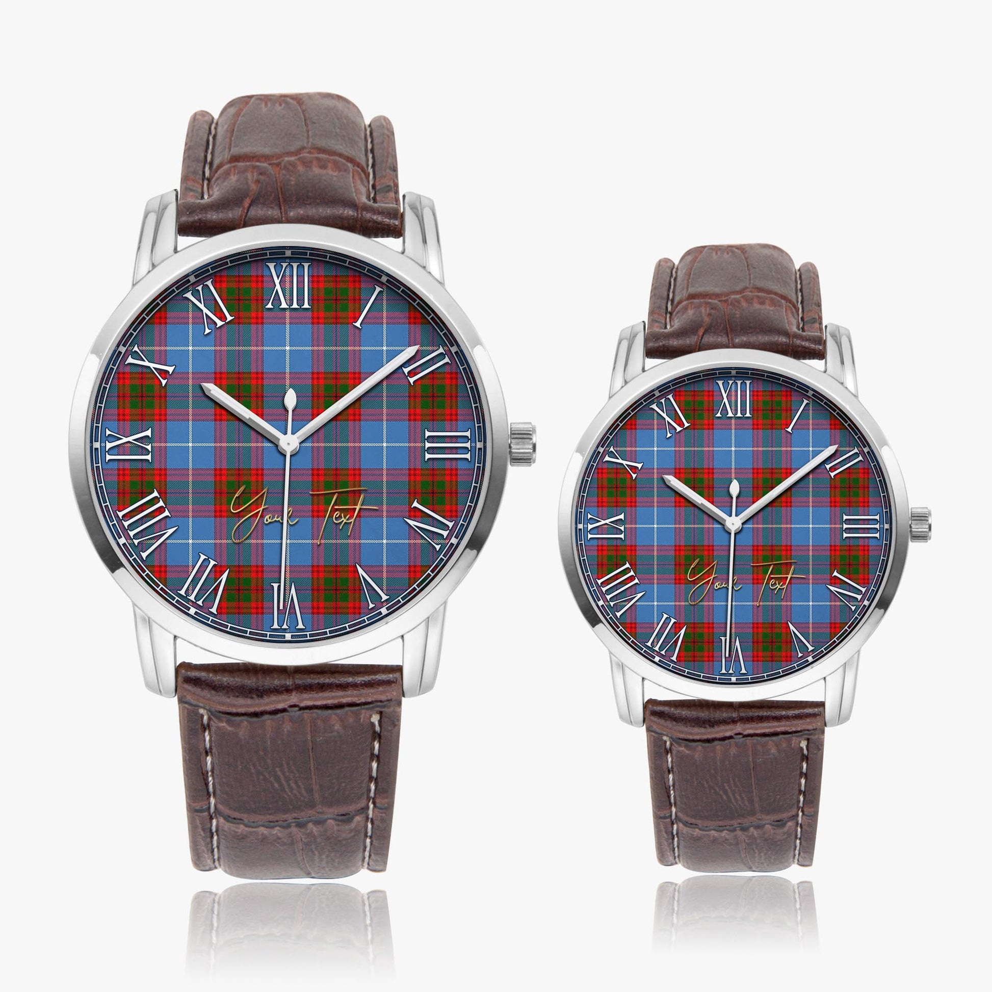 Pentland Tartan Personalized Your Text Leather Trap Quartz Watch Wide Type Silver Case With Brown Leather Strap - Tartanvibesclothing