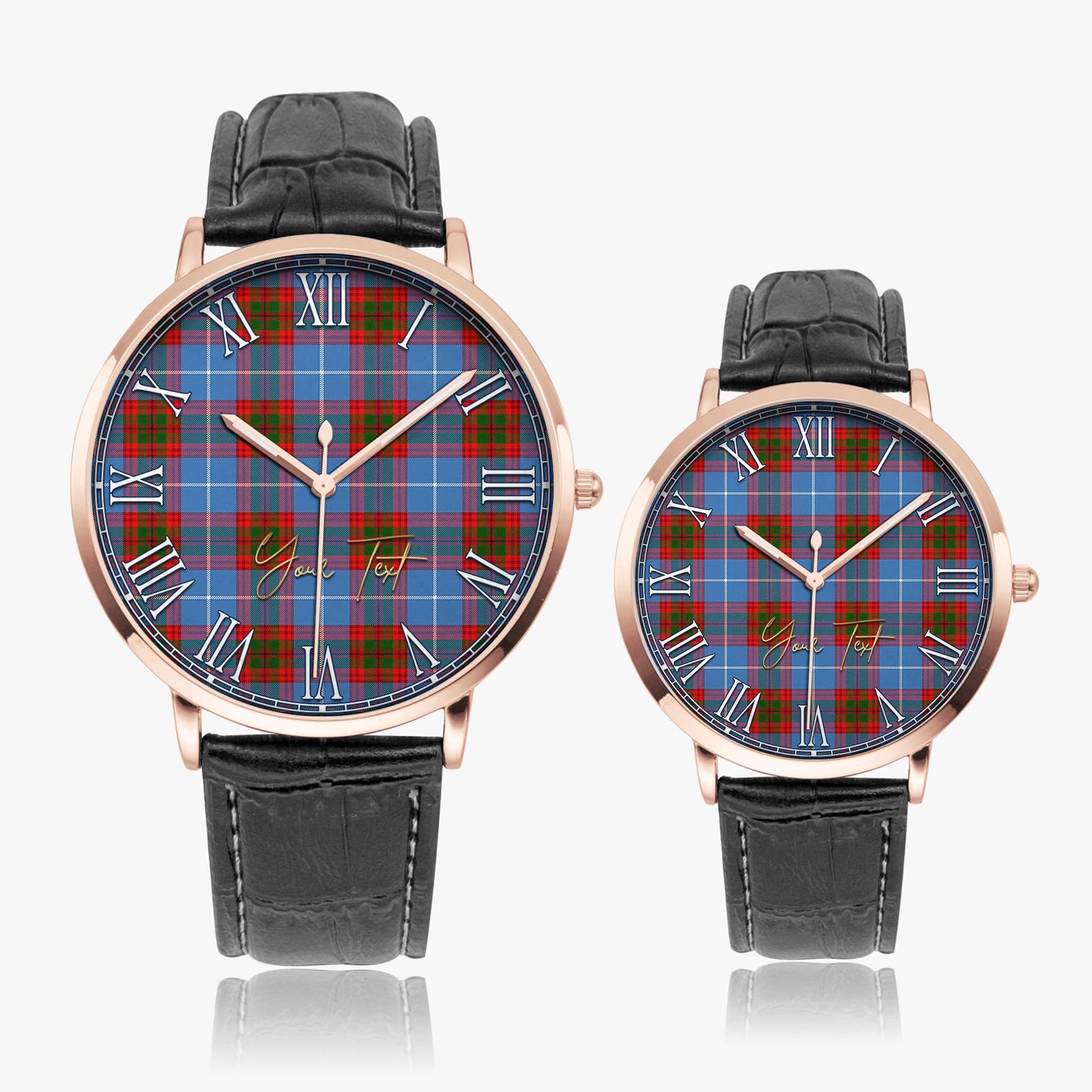 Pentland Tartan Personalized Your Text Leather Trap Quartz Watch Ultra Thin Rose Gold Case With Black Leather Strap - Tartanvibesclothing