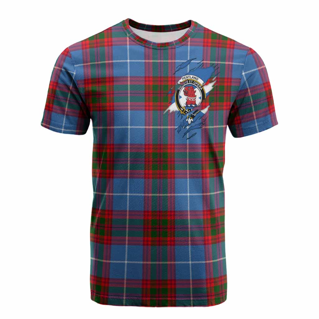 Pentland Clan Crest In Me Tartan Cotton T-shirt Scotland Flag Style