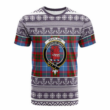 Pentland Clan Tartan Christmas Cotton T-shirt with Family Crest