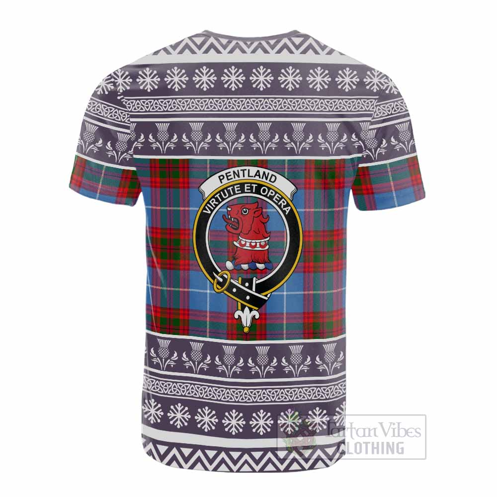 Pentland Clan Tartan Christmas Cotton T-shirt with Family Crest - Tartan Vibes Clothing
