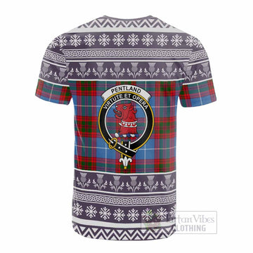 Pentland Clan Tartan Christmas Cotton T-shirt with Family Crest