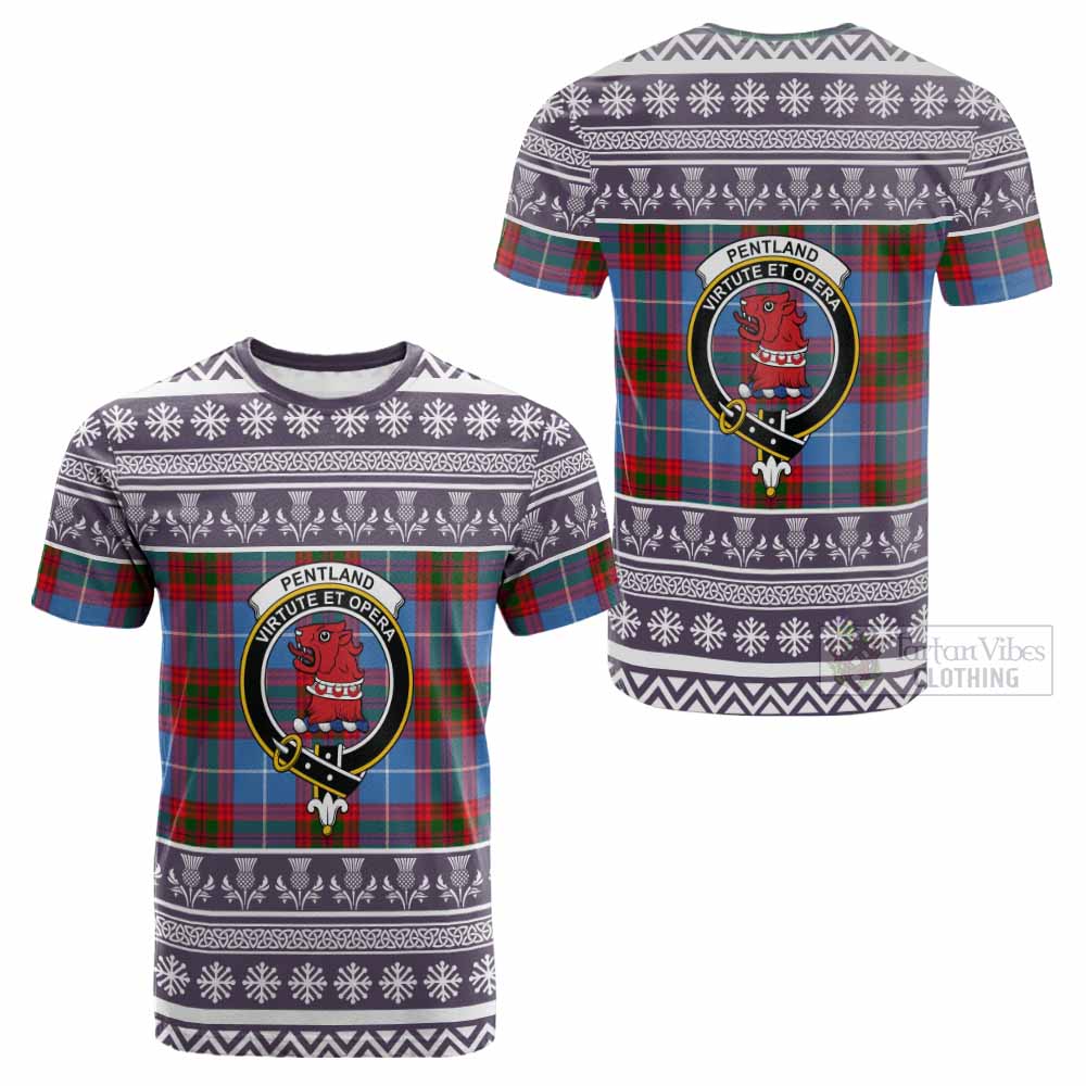 Pentland Clan Tartan Christmas Cotton T-shirt with Family Crest - Tartan Vibes Clothing
