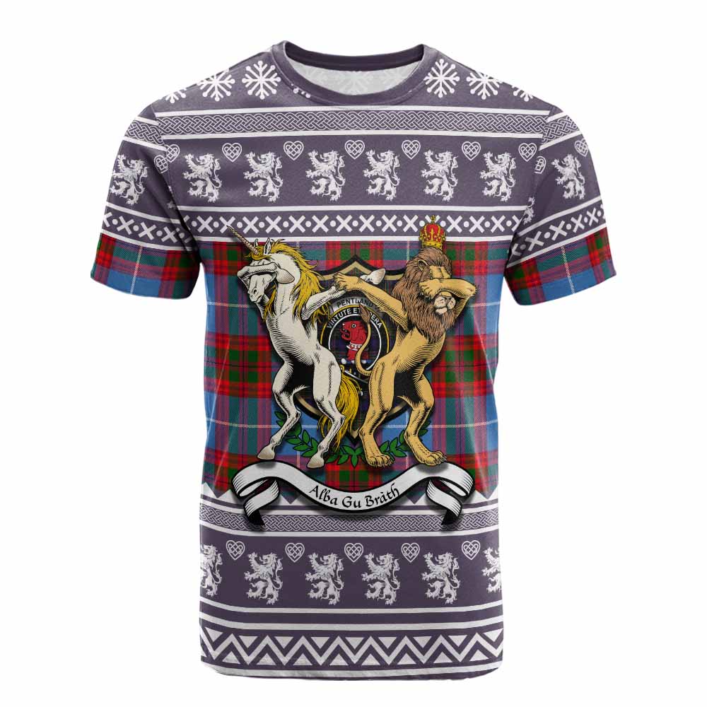 Pentland Clan Tartan Crest Christmas Cotton T-shirt Coat of Arms Funny Style - Tartan Vibes Clothing