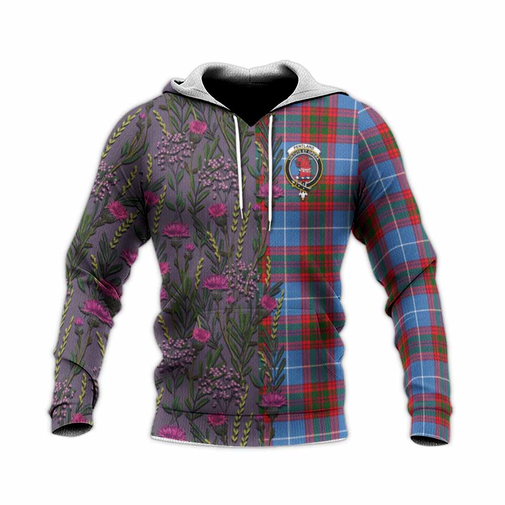 Pentland Family Crest Tartan Knitted Hoodie Scottish Thistle Flower Pattern Half Style - Tartan Vibes Clothing