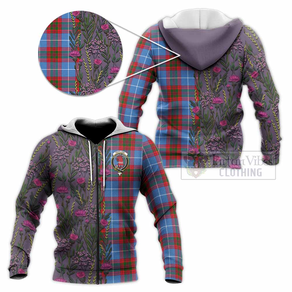 Pentland Family Crest Tartan Knitted Hoodie Scottish Thistle Flower Pattern Half Style - Tartan Vibes Clothing
