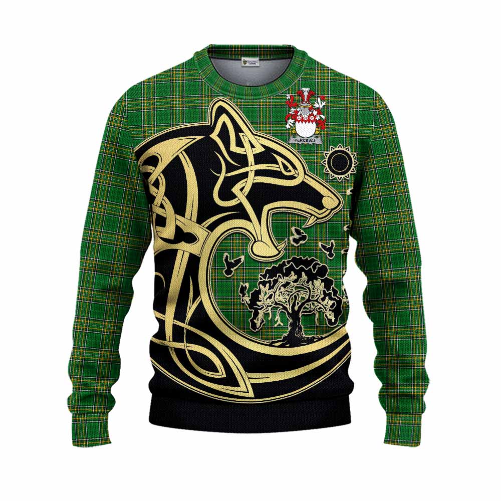 Perceval Irish Tartan Knitted Sweater with Coat of Arms Celtic Wolf Style Unisex - Tartan Vibes Clothing