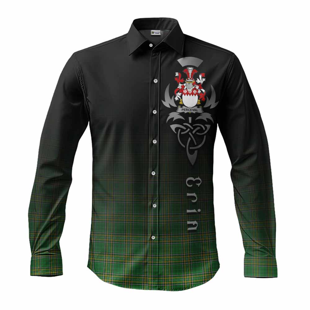 Tartan Vibes Clothing Perceval Irish Clan Long Sleeve Button Shirt with Coat of Arms Erin Go Bragh Celtic Inspired