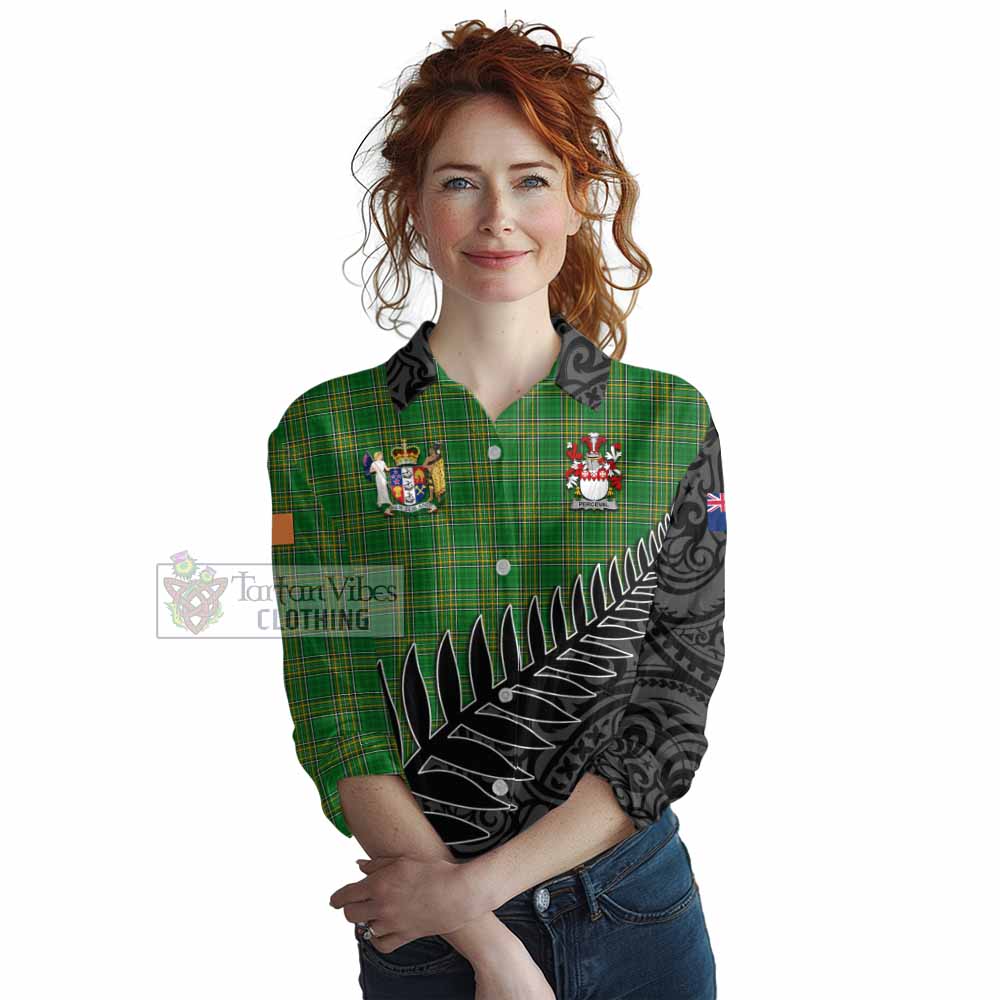 Tartan Vibes Clothing Perceval Irish Clan Tartan Women's Casual Shirt with Coat of Arms New Zealand Silver Fern Half Style