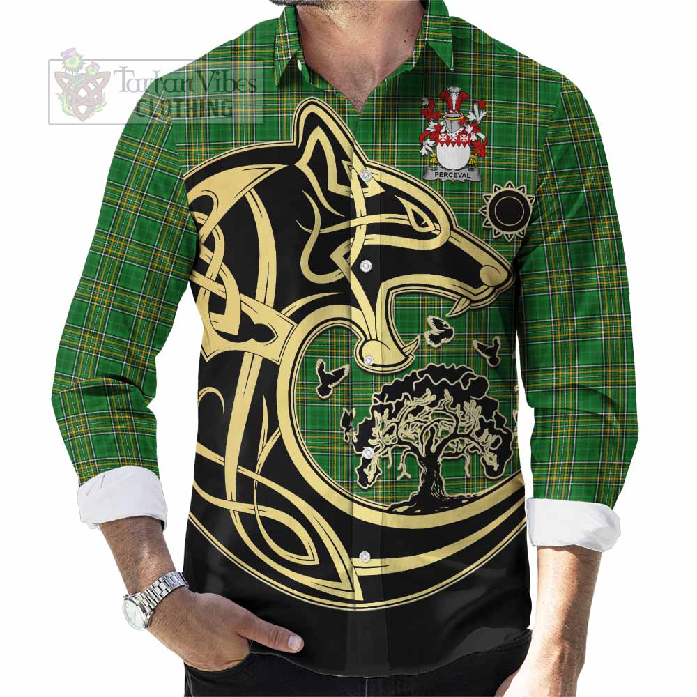 Perceval Irish Tartan Long Sleeve Button Shirt with Coat of Arms Celtic Wolf Style - Tartan Vibes Clothing