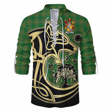 Tartan Vibes Clothing Perry Irish Tartan Ghillie Kilt Shirt with Coat of Arms Celtic Wolf Style