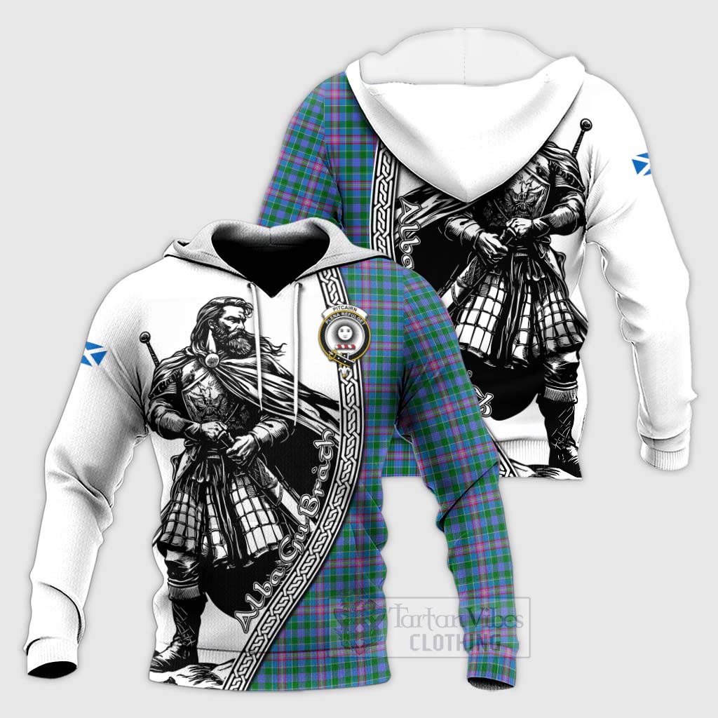 Pitcairn Tartan Clan Crest Knitted Hoodie with Highlander Warrior Celtic Style Unisex Knitted Pullover Hoodie - Tartan Vibes Clothing