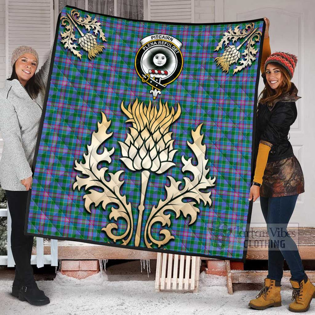 Tartan Vibes Clothing Pitcairn Tartan Quilt with Family Crest and Golden Thistle Style