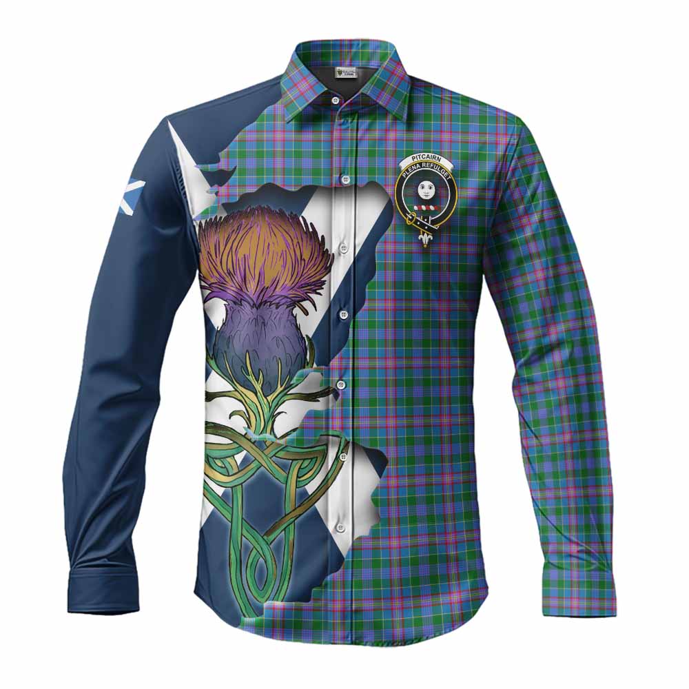 Pitcairn Tartan Family Crest Long Sleeve Button Shirt Scottish Thistle Celtic Inspired Men's Shirt S - Tartan Vibes Clothing