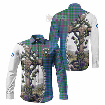 Pitcairn Tartan Long Sleeve Button Shirt with Family Crest and St. Andrew's Cross Accented by Thistle Vines Men's Shirt S - Tartan Vibes Clothing