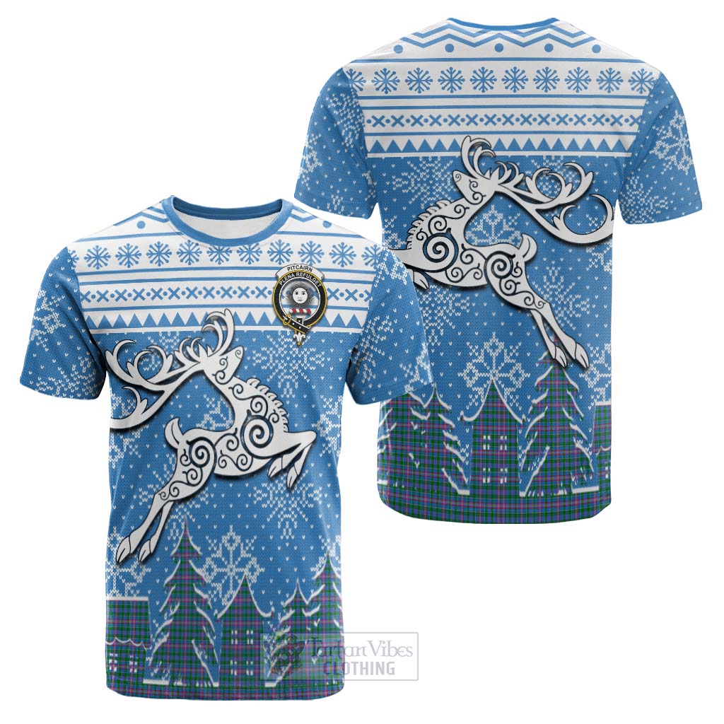 Pitcairn Clan Christmas Cotton T-shirt Celtic Reindeer Style Kid's Shirt - Tartan Vibes Clothing