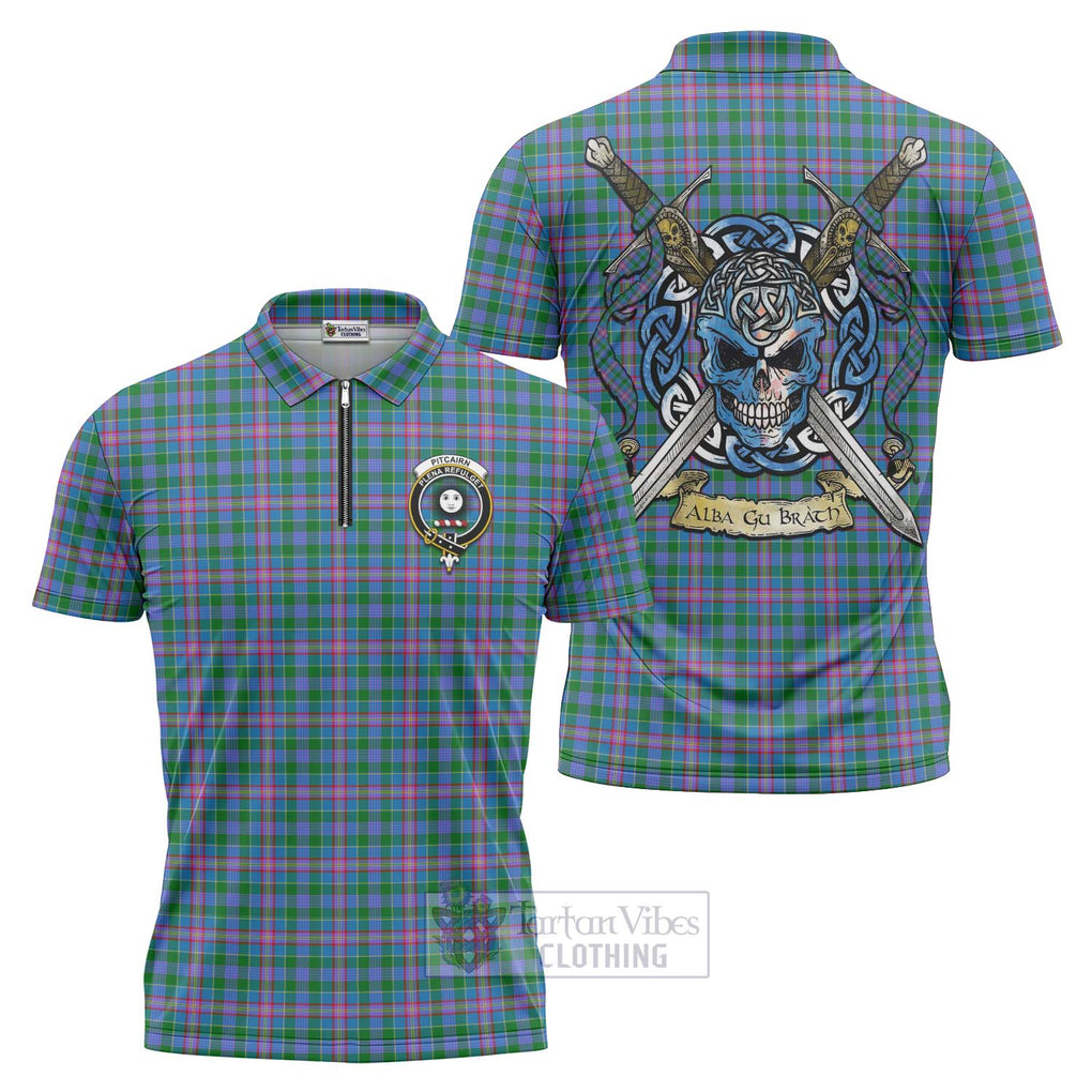 Pitcairn Tartan Zipper Polo Shirt with Family Crest Celtic Skull Style Unisex - Tartan Vibes Clothing